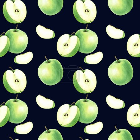 Foto de Patrón de repetición sin costuras de acuarela con manzana de fruta verde. Ilustración de comida dibujada a mano. Para envolver, papel pintado, tela, textil - Imagen libre de derechos