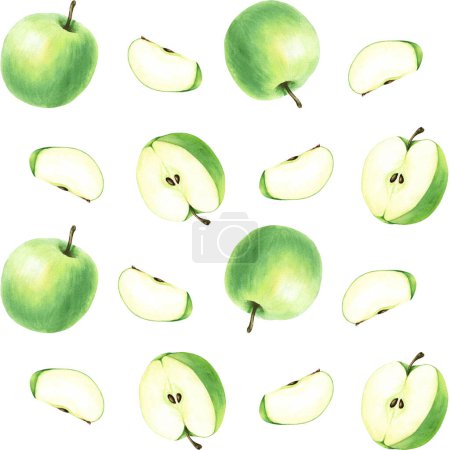 Foto de Patrón sin costuras con manzana de fruta verde. Ilustración de alimentos acuarela dibujada a mano aislada sobre fondo blanco. Para envolver, papel pintado, tela, textil - Imagen libre de derechos