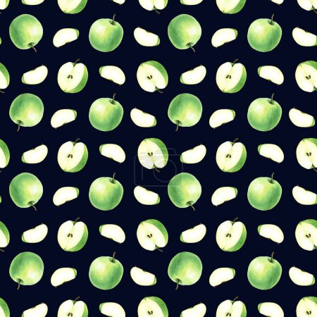 Foto de Patrón de repetición sin costuras con manzana de fruta verde. Acuarela dibujada a mano ilustración de alimentos. Para envolver, papel pintado, tela, textil - Imagen libre de derechos