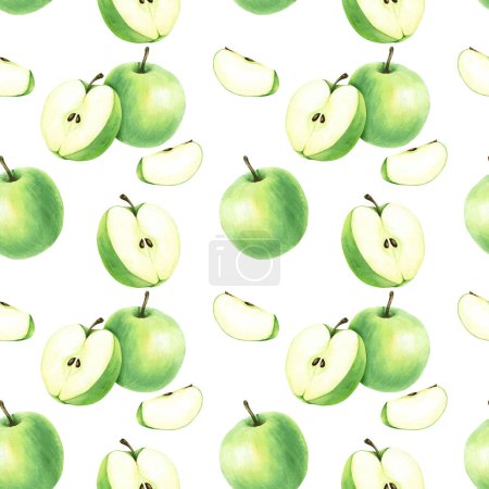 Foto de Patrón de repetición sin costuras de acuarela con manzana de fruta verde. Ilustración de comida dibujada a mano. Para envolver, papel pintado, tela, textil - Imagen libre de derechos