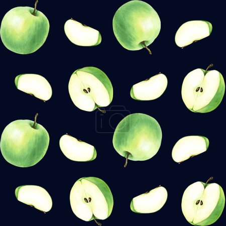 Foto de Patrón sin costuras con manzana de fruta verde. Acuarela dibujada a mano ilustración de alimentos. Para envolver, papel pintado, tela, textil - Imagen libre de derechos