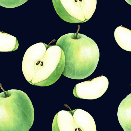 Foto de Patrón sin costura de acuarela con manzana de fruta verde. Ilustración de alimentos dibujados a mano aislados sobre fondo blanco. Para envolver, papel pintado, tela, textil - Imagen libre de derechos