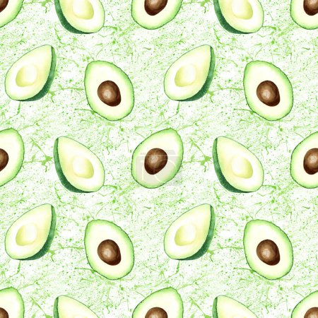 Watercolor seamless pattern with green avocado and splashes. Hand drawn food illustration isolated on white background. For wrapping, wallpaper, fabric, textile