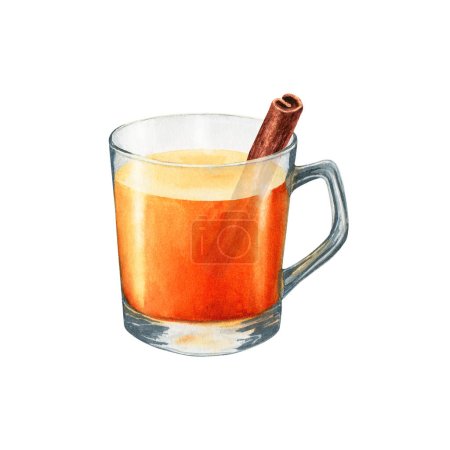 Eine Tasse Tee mit gerollten Zimtstreifen. Handgezeichnete Aquarell-Illustration von Lebensmitteln auf weißem Hintergrund. Für Clip Art, Karten, Menü, Etikett, Verpackung