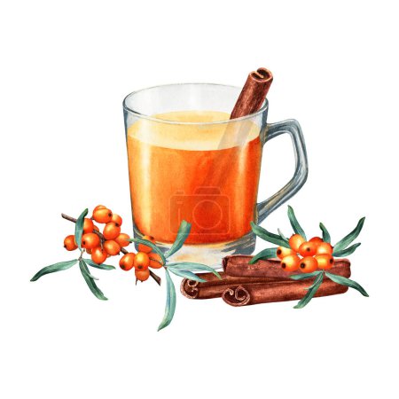 Eine Tasse Sanddorn Tee mit gerollten Zimtstreifen. Handgezeichnete Aquarell-Illustration von Lebensmitteln auf weißem Hintergrund. Für Clip Art, Karten, Menü, Etikett, Verpackung