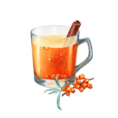 Eine Tasse Tee, Sanddornzweig und gerollte Zimtstange. Handgezeichnete Aquarell-Illustration von Lebensmitteln auf weißem Hintergrund. Für Clip Art, Karten, Menü, Etikett, Verpackung