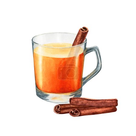 Eine Tasse Tee mit gerollten Streifen Zimtkomposition. Handgezeichnete Aquarell-Illustration von Lebensmitteln auf weißem Hintergrund. Für Clip Art, Karten, Menü, Etikett, Verpackung