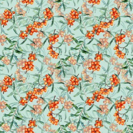 Aquarell botanisches nahtloses Muster mit Zweigen der Heilpflanze Sanddorn. Handgezeichnete Illustration für Verpackung, Tapete, Stoff, Textil.