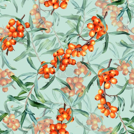 Watercolor botanical seamless pattern with medicinal plant sea buckthorn branches. Hand drawn illustration for wrapping, wallpaper, fabric, textile.