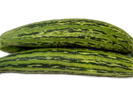 Foto de El pepino armenio, Cucumis melo var. flexuosus, un tipo de fruta larga y delgada que sabe a pepino y se parece un poco a un pepino en el interior, pepino de yarda larga, melón de serpiente, enfoque selectivo - Imagen libre de derechos