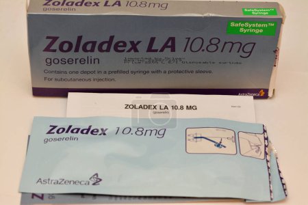 Photo for Cairo, Egypt, December 14 2022: Zoladex LA 10.8mg goserelin acetate implant  anti neoplastic indicated in endometriosis, endometrial thinning, breast cancer and prostate cancer by AstraZeneca UK - Royalty Free Image