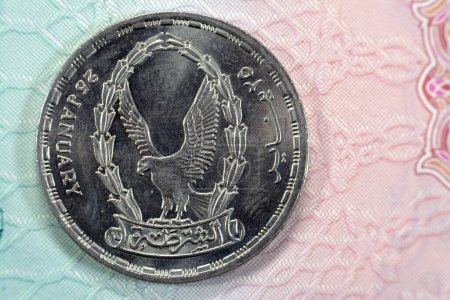 Foto de Twenty Egyptian piasters commemorative issue of Egypt police day of January 25 1952 series 1988 AD, 1408 AH with a flaying falcon on obverse side, date, value and Arab Republic of Egypt on reverse - Imagen libre de derechos