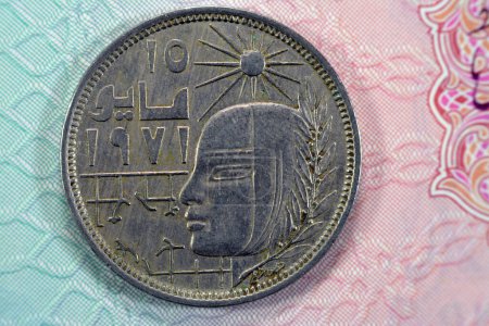 Photo for Corrective Revolution of president Sadat May 15 1971 commemorative 10 ten Egyptian piasters old coin series 1977 AD 1397 AH with composition Copper and Nickel, vintage retro old Egyptian coin - Royalty Free Image