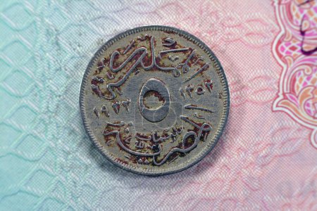 Photo for Vintage retro old and ancient historic 5 five Egyptian milliemes coin series 1933 AD 1352 AH features bust of king Fuad I of Egypt on obverse side and value and date on reverse side, old coin - Royalty Free Image