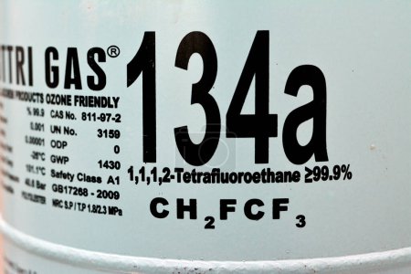 Photo for Cairo, Egypt, May 2 2023: BTTRI GAS R -134a Freon , a colorless gas at room temperature, nonflammable, colorless, A refrigerant to replace CFC-12 in auto air conditioning and refrigeration system - Royalty Free Image
