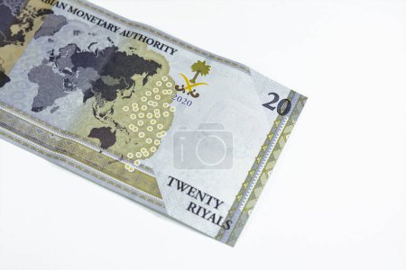 Photo for Reverse side of 20 SAR twenty Saudi Arabia Riyals banknote currency bill money Commemorative issue with a map of the world depicting G20 summit countries in a different color series 2020 AD 1442 AH - Royalty Free Image