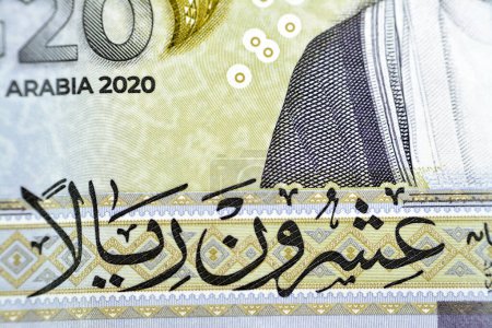 Photo for Translation of Arabic (Twenty Riyals) from bverse side of 20 SAR twenty Saudi Arabia Riyals banknote currency bill money Commemorative issue with 3D logo of the Kingdom's Presidency of G20 summit - Royalty Free Image