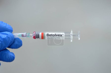 Photo for Cairo, Egypt, June 3 2023: Betolvex Cyanocobalamin tannin complex prefilled syringe for Intramuscular injection used to treat vitamin B - Royalty Free Image