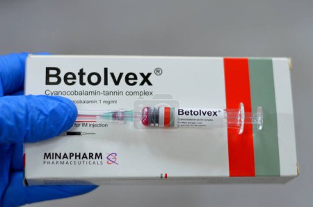 Photo for Cairo, Egypt, June 3 2023: Betolvex Cyanocobalamin tannin complex prefilled syringe for Intramuscular injection used to treat vitamin B - Royalty Free Image