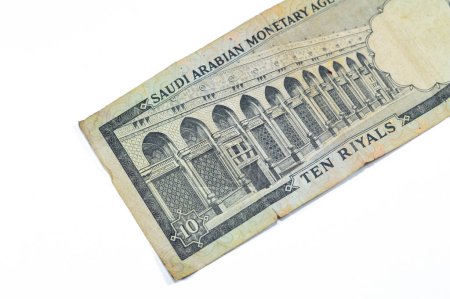 Photo for Reverse side of 10 SAR Saudi Arabia riyals cash money currency banknote features Al-Masa Wall with arch at Al-Masjid al-Haram (Holy mosque), Mecca, vintage retro old 10 riyals - Royalty Free Image