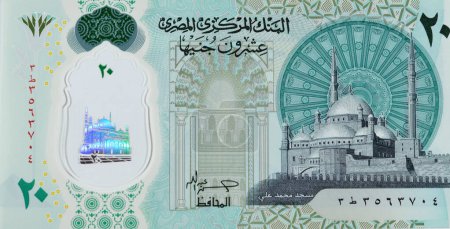 Photo for Large fragment of the obverse side of the new Egyptian 20 EGP LE twenty polymer pounds cash money banknote bill features Mohamed Ali Mosque and adorned with tactile ADA Braille dots along - Royalty Free Image