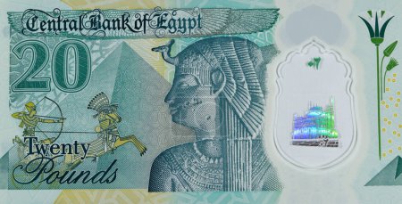 Foto de Gran fragmento del reverso del nuevo billete egipcio de 20 EGP LE veinte libras de polímero en efectivo cuenta con la reina Cleopatra, las Grandes Pirámides junto con el carro militar faraónico - Imagen libre de derechos