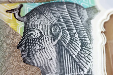 Foto de Reina Cleopatra desde el reverso del nuevo egipcio 20 EGP LE veinte libras de polímero en efectivo billete de banco con las grandes pirámides junto con el carro militar faraónico, enfoque selectivo - Imagen libre de derechos