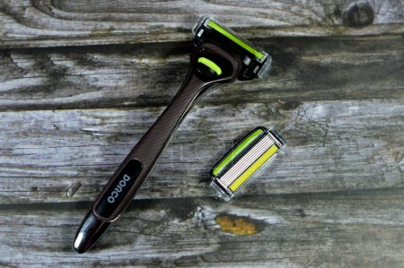 Photo for Cairo, Egypt, July 5 2023: Dorco Pace 6 Pro for shaving comes with handle and cartridges with a patented thin six-blade shaving platform, DORCO is South Korean manufacturer of razors, selective focus - Royalty Free Image