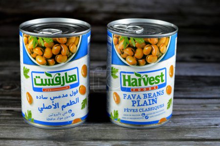 Foto de El Cairo, Egipto, 18 de junio de 2023: Canned Harvest Foods fava beans medammes, high protein fiber, fava beans que es el plato principal y sándwich en el desayuno en Egipto y en el Ramadán - Imagen libre de derechos
