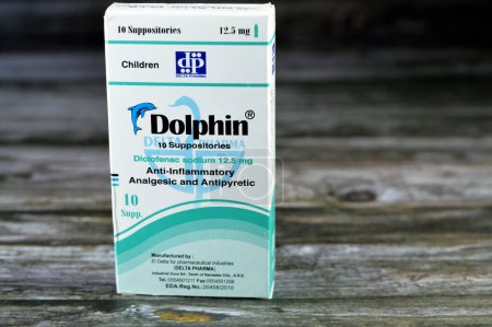 Photo for Cairo, Egypt, June 26 2023: Dolphin 12.5 mg 10 Supp. Diclofenac Sodium, Analgesic, nonopioid, antipyretic, nonsteroidal anti-inflammatory drug (NSAID) by Delta pharma company, selective focus - Royalty Free Image