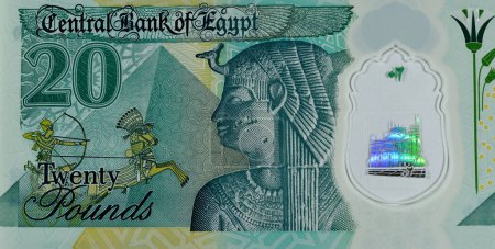 Photo for Large fragment of the reverse side of the new Egyptian 20 EGP LE twenty polymer pounds cash money banknote bill features queen Cleopatra, the Great Pyramids along with the pharaonic military chariot - Royalty Free Image