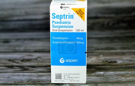 Photo for Cairo, Egypt, July 10 2023: Septrin 40mg 200mg per 5ml Paediatric Suspension, co-trimoxazole, Sulfamethoxazole Trimethoprim by Aspen co to treat lung, urinary and respiratory tract infections - Royalty Free Image