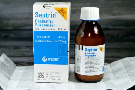 Photo for Cairo, Egypt, July 10 2023: Septrin 40mg 200mg per 5ml Paediatric Suspension, co-trimoxazole, Sulfamethoxazole Trimethoprim by Aspen co to treat lung, urinary and respiratory tract infections - Royalty Free Image