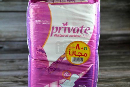 Photo for Cairo, Egypt, July 15 2023: Private maxi night with wings Pack, natural cotton feel, all day freshness, pantyliners panty liner female pads, beauty and personal care, health care concept for females - Royalty Free Image