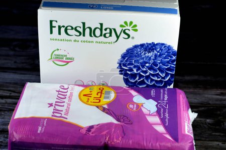 Photo for Cairo, Egypt, July 15 2023: Private and Freshdays Fresh Days Pack, natural cotton feel, all day freshness, pantyliners panty liner female pads, beauty and personal care, health care concept for women - Royalty Free Image