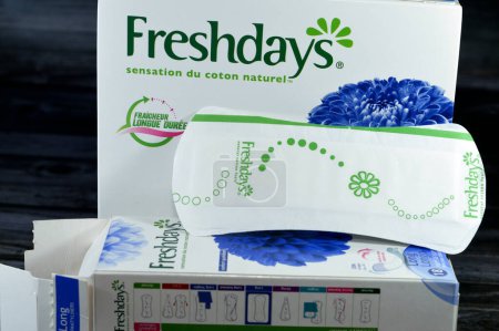 Photo for Cairo, Egypt, July 15 2023: Freshdays Fresh Days Pack, natural cotton feel, all day freshness, pantyliners panty liner female pads, beauty and personal care, health care concept for females - Royalty Free Image