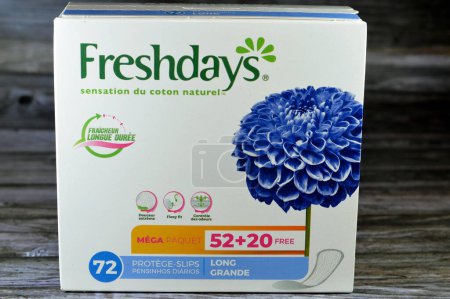 Photo for Cairo, Egypt, July 15 2023: Freshdays Fresh Days Pack, natural cotton feel, all day freshness, pantyliners panty liner female pads, beauty and personal care, health care concept for females - Royalty Free Image