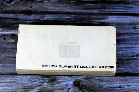 Photo for Giza, Egypt, August 12 2023: Old Schick Super II handle and razors, Schick is an American brand of personal care products and razors, founded by Jacob Schick, owned by Edgewell Personal Care - Royalty Free Image