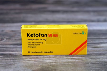 Photo for Cairo, Egypt, September 13 2023: Ketofan Ketoprofen 50mg capsules, an analgesic, anti inflammatory and anti pyretic, non Steroidal NSAID, by European Pharmaceutical, for headache and pain relief - Royalty Free Image