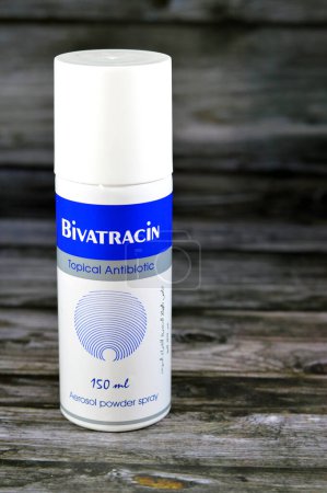 Photo for Cairo, Egypt, September 28 2023: Bivatracin (Neomycin, Bacitracin) Aerosol powder Spray 150 ml topical antibiotic, for wound, postoperative infections, burns, diabetic foot, bed sores, by ECAP - Royalty Free Image