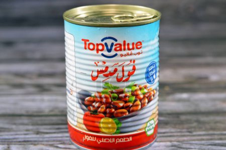 Photo for Cairo, Egypt, October 18 2023: Canned Top Value fava beans plain medammes, high protein fiber, fava beans which is the main dish and sandwich in the breakfast in Egypt and in Ramadan, selective focus - Royalty Free Image