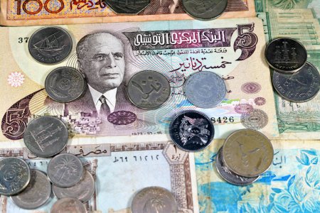 Photo for Collection of Old Arabian money banknotes and coins from different countries, Tunisia, Algeria, Morocco, Lebanon, and other Arab countries, vintage retro old historic cash money of Middle East - Royalty Free Image