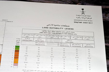 Téléchargez les photos : Le Caire, Égypte, 2 janvier 2024 : Relevé détaillé des sols des zones de Hanidh et d'Urayirah dans le royaume d'Arabie saoudite, cartes, topographie et emplacements géographiques du potentiel foncier de l'agriculture irriguée - en image libre de droit