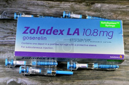 Photo for Cairo, Egypt, January 10 2024: Zoladex LA 10.8mg goserelin acetate implant  anti neoplastic indicated in endometriosis, endometrial thinning, breast cancer and prostate cancer by AstraZeneca UK - Royalty Free Image