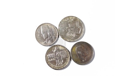 Background of Egyptian silver coins of Orabi revolution, President Gamal Abdel Nasser, king Farouk I and the golden Jubilee of the Arab league, old vintage retro silver coins of different times