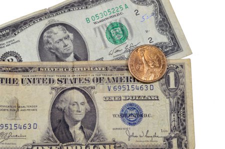 altes amerikanisches Retro-Geld einer amerikanischen Dollarserie 1935 mit George Washington, 2 Dollars 1976 Thomas Jefferson, 1-Dollar-Gedenkmünze von Martin Van Buren, Freiheitsstatue
