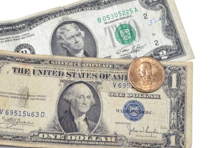 vintage retro old American money of one American dollar series 1935 banknote with George Washington, 2 dollars 1976 Thomas Jefferson, conmemorativo 1 dollar coin of Martin Van Buren, freedom statue