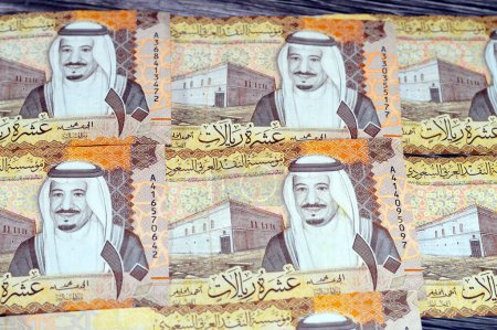 Saudi Arabien 10 SAR Zehn saudische Rial Geldschein mit dem Foto von König Abdullah Bin AbdulAziz Al Saud, Murabba-Palast und König AbdulAziz Financial District im Al Aqeeq-Viertel von Riad
