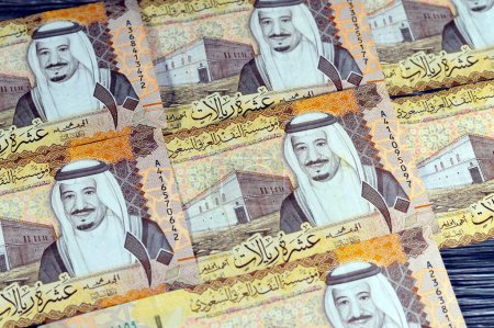 Saudi Arabien 10 SAR Zehn saudische Rial Geldschein mit dem Foto von König Abdullah Bin AbdulAziz Al Saud, Murabba-Palast und König AbdulAziz Financial District im Al Aqeeq-Viertel von Riad