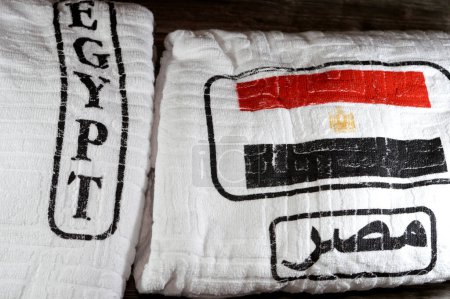 Translation of the Arabic text ( Egypt ), Ihram clothing Ahram with the Egyptian flag, worn by Muslim people while in a state of Iram, during either of the Islamic pilgrimages, Hajj and or Umrah